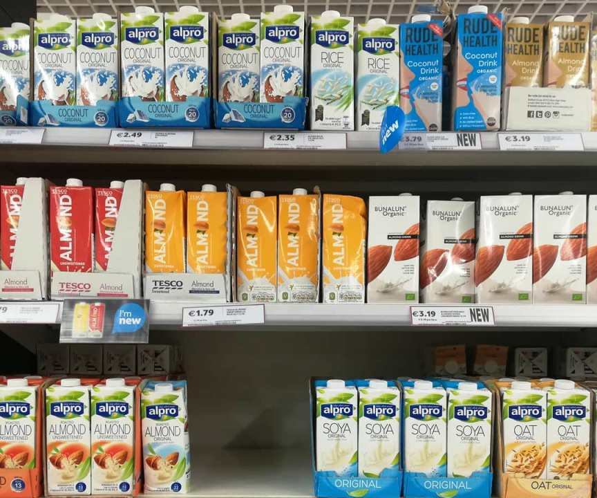 Plant milks with added calcium and vitamins? No thanks! On supermarket shelves. Vegetable drinks department